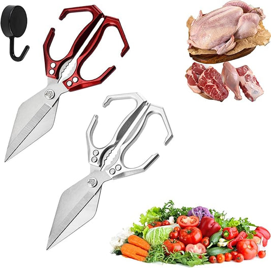 Seattleget Multifunctional Heavy-Duty Kitchen Shears, High-Carbon Steel 9.25" Multipurpose Kitchen Scissors for Chicken, Meat & Veggies, Ergonomic Non-Slip Handle, Built-in Nut Cracker (Red+Silver)
