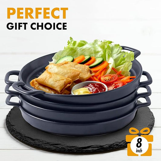 Bruntmor 10" X 6" Black Porcelain Set of 4 Serving Platters. Amazing lasagna pan with handle, Matte Glaze Baking Dish Dinner Plates, Oven Safe Serving Dishes, Round (Matte Glaze)