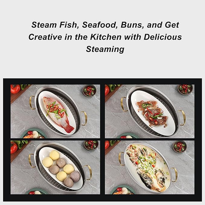 Stainless Steel Fish Poacher Pot, Oval Cookware with Glass Cover, Ceramic Plate and Steaming Rack