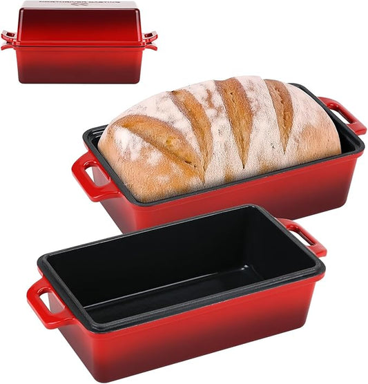 9x5 Inch Enameled Cast Iron Loaf Pan with Lid, Perfect Bread Baking Pan | Even Heat Distribution for Homemade Bread, Cake, Meatloaf,2 Piece set,Red