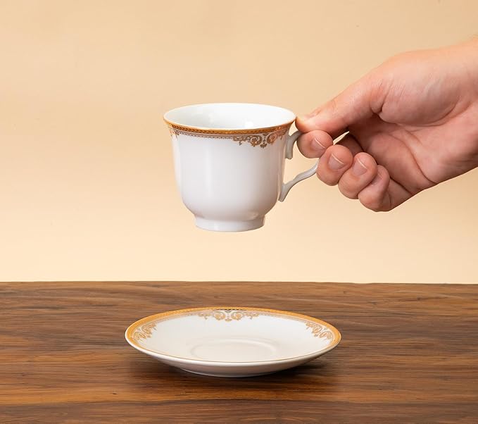 Porcelain Tea Cups and Saucers - 4 Pieces, Vintage Set - White with Gold Floral Edge Design - 5.5 Inch Saucers, 6.5 oz Cups - Perfect for Tea Parties or Every Day Use (Floral Gold 3004, 4 Piece)