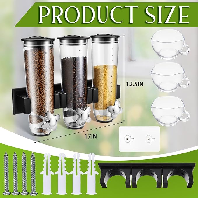 Umigy 1 Pcs Candy Dispenser Wall Mounted, Triple Dry Cereal Grain Dispenser Machine Wall Mount, Food Storage Container for Pantry Snack with 3 Cup for Kitchen, 39 oz (Black)