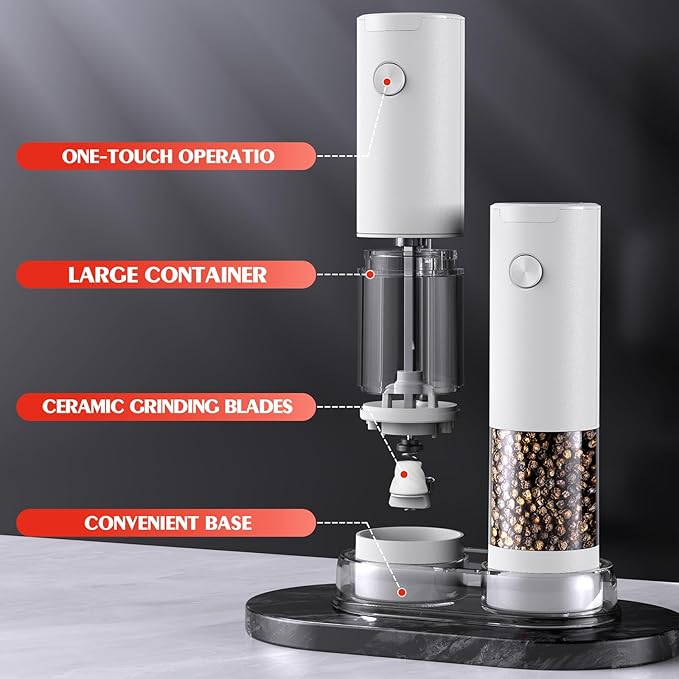 Electric Salt and Pepper Grinder Set Automatic Battery Pepper Mill Shakers Adjustable Coarseness Easy Filling Upgraded Larger Capacity with Led (2 Pack White/White)