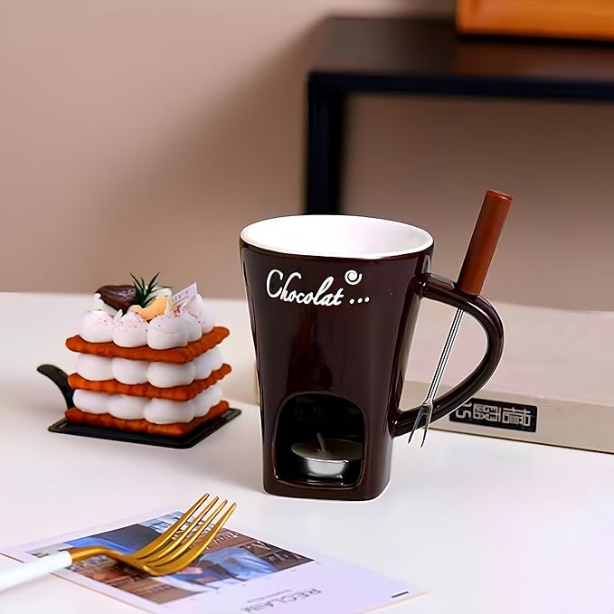 Chocolate Melting Mug Cheese Candy Mini Fondue Pot With Forks (Brown)