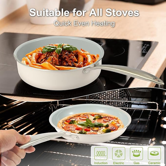 5PC Induction Cookware Set with Tempered Glass Lids, Ultra Nonstick Pots and Pans Set with Stainless Steel Handle, Oven Safe and Dishwasher Safe, Non Toxic & Ceramic Cooking Set, Cream White