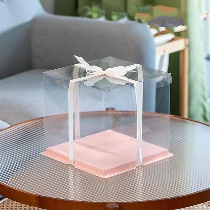 XININSUN clear cake box with ribbon,8inch 10inch cake boxes,transparent tall cake box cake carrier,Square Cardboard Cake Containers clear gift box for Wedding,Birthday,Party(6pcs-Pink)