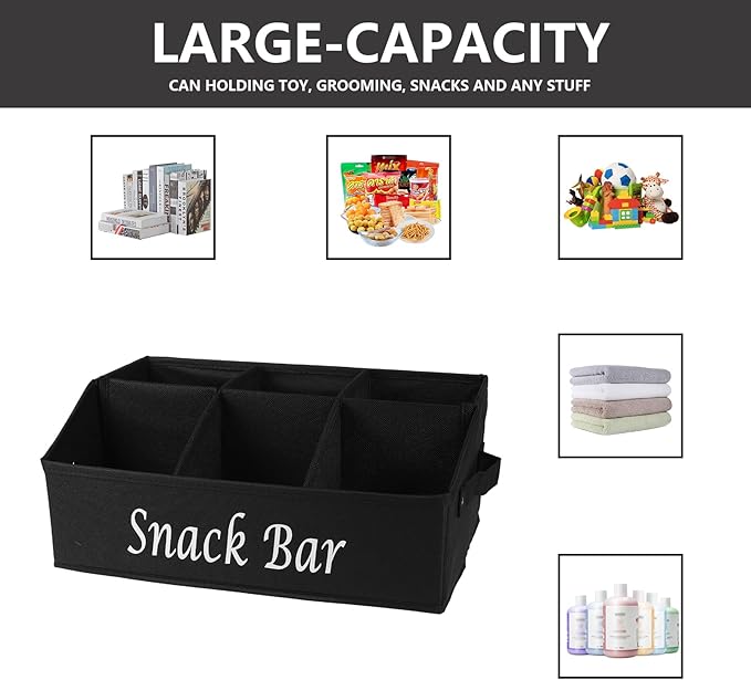 2 Pack Snack Organizer for Countertop With Handles - 6 Compartment Box Basket, Bar Station, Kitchen Cabinet Pantry Storage - Black
