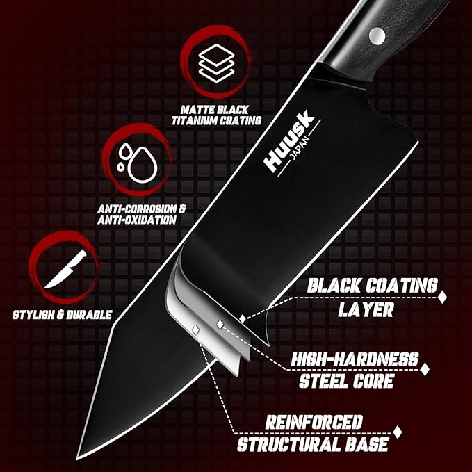 Huusk Japanese Chef Knife Set for Kitchen - 3 pcs Black Kitchen Knife Set with Titanium Coating, Stainless Cutting Knives Sets, Professional Cooking Knives for Vegetable Fruit Meat, Fathers Day Gift