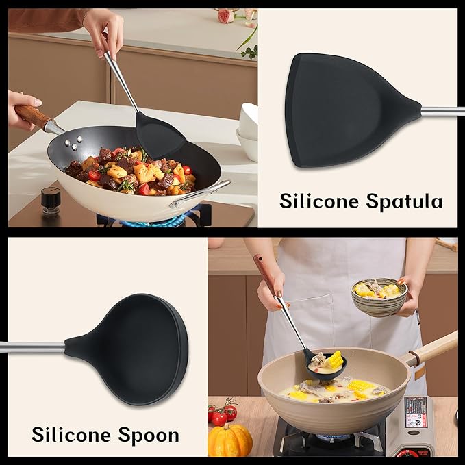 FJNATINH Silicone Spatula and Ladle Set - Stainless Steel Non Stick Heat-Resistant Kitchen Utensils BPA Free Cooking Utensils Cookware Wooden Handle, Pack of 2