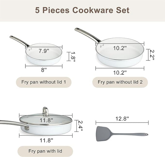 FAB&DELUXE Nonstick Cookware Set,5 Pcs Nonstick Pots and Pans, Aluminum Cooking Set with Glass Lids, Non-toxic Healthy Kitchen Cookware Sets, All Stovetops Compatible, PFAS and PFOA Free