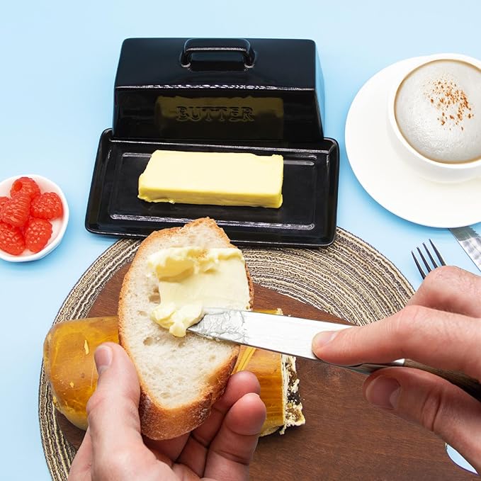 Ceramic Butter Dish With Lid for Countertop, Covered Butter Container, Large Butter Holder With Lid, Butter Tray With Handle Black