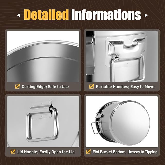 Stainless Steel Airtight Canister for Kitchen, 33L/8.7Gal Metal Food Storage Container Flour Bucket with Lid & Clamps, Bean Rice Cereal Canister Holder for Kitchen Restaurant, D15*H14.2in