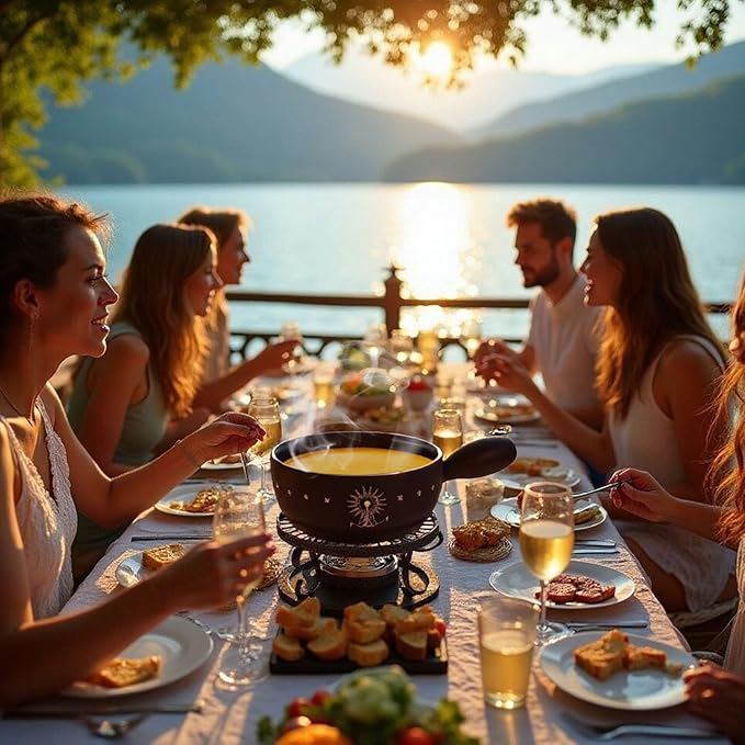Artestia 2.11-Quart Swiss Fondue Pot Set for Cheese, Chocolate Melting Pot with 6 Fondue Forks and Swiss Vintage Pattern, Perfect for 6 People, 10 Piece (AR-83007)