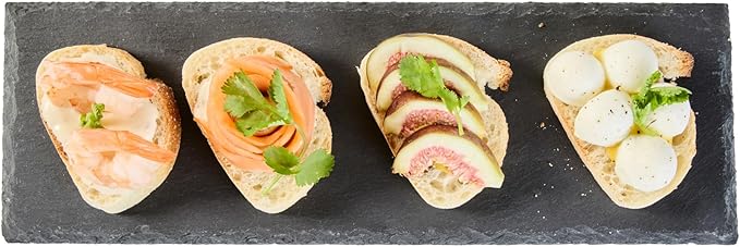 Restaurantware Slate Serving Trays 4 Pack of 11.8" x 4" Foam Feet Charcuterie Stone Plates Rustic Edges Freezable Black Serving Display Cheese Boards for Kitchen, Gourmet, Dining, Parties