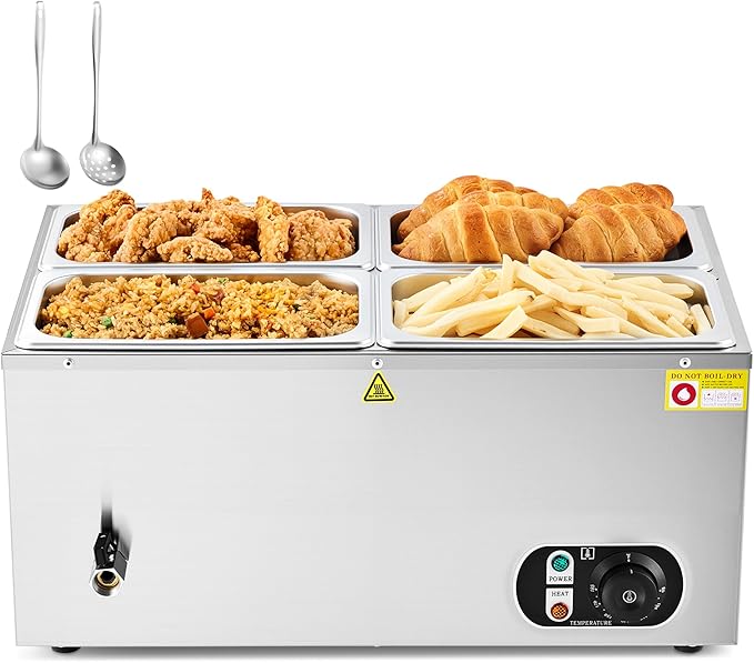 WILPREP Single-Well Commercial Food Warmer with Four 1/4 Pans, Electric Warmer for Food with Adjustable Temp. & Auto Shutoff, Stainless Steel Food Heating Unit for Buffet Food Truck Hotel Catering