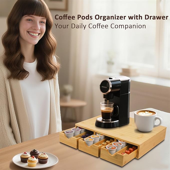 Bamboo Coffee Pod Drawer,K Cup Organizer for Counter, Coffee Pod Holder Holds Up 36 K Cups or 54 Originalline Pods, Tea Bag Storage Organizer for Kitchen Counter Office with 3 Drawers