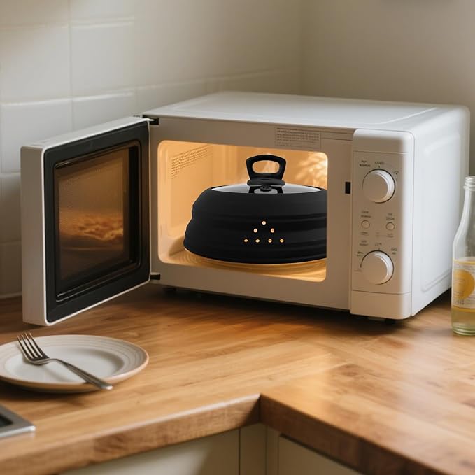 Microwave Splatter Cover Glass 11.8 Inch Microwave Cover for Food with Handle Collapsible Silicone Microwave Cover with Steam Vent for Pot Plate Bowl (Black)