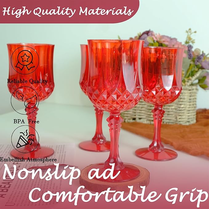 Plastic Wine Glasses,Plastic Goblets Vintage Style Cordial Drinking Glasses for Wedding Reception, Christmas Grand Event Party Supplies (48, Red)
