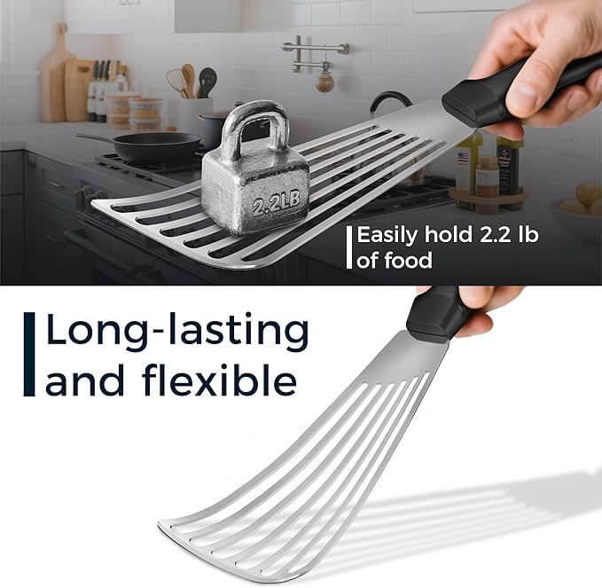 18/8 Stainless Steel Fish Spatula, Thin Long Flexible 12.5-in Metal Spatula Fish Turner Brushed Kitchen Utensil for Outdoor Grilling Daily Barbeque, Dishwasher Safe