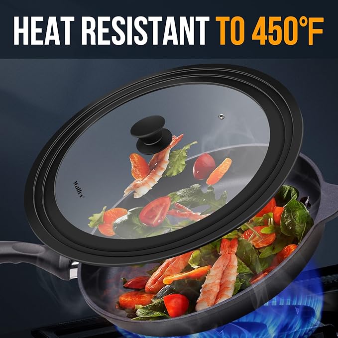 Walfos Universal Lid for Pots, Pans and Skillets - Tempered Glass with Heat Resistant Silicone Rim, Fits 13", 14" and 15" Diameter Cookware