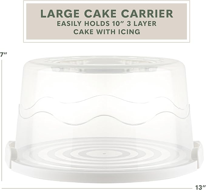 MosJos EXTRA LARGE Cake Carrier, Cake Stand with Lid and Foldable Handles - Multifunctional Serving Platter and Cake Plate - Cake Container with Dome and Strong Snaps 13 x 13 x 7 inch (White)
