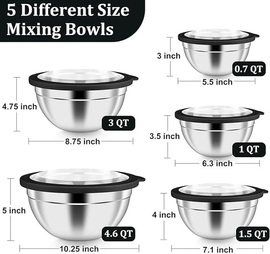 P&P CHEF Mixing Bowls with Visible Airtight Lids Set of 5, 10-Piece Stainless Steel Mixing Nesting Bowl, Metal Bowl with Lid for Kitchen Prepping & Storing, Size 4.6, 3, 1.5, 1, 0.7 QT, Black