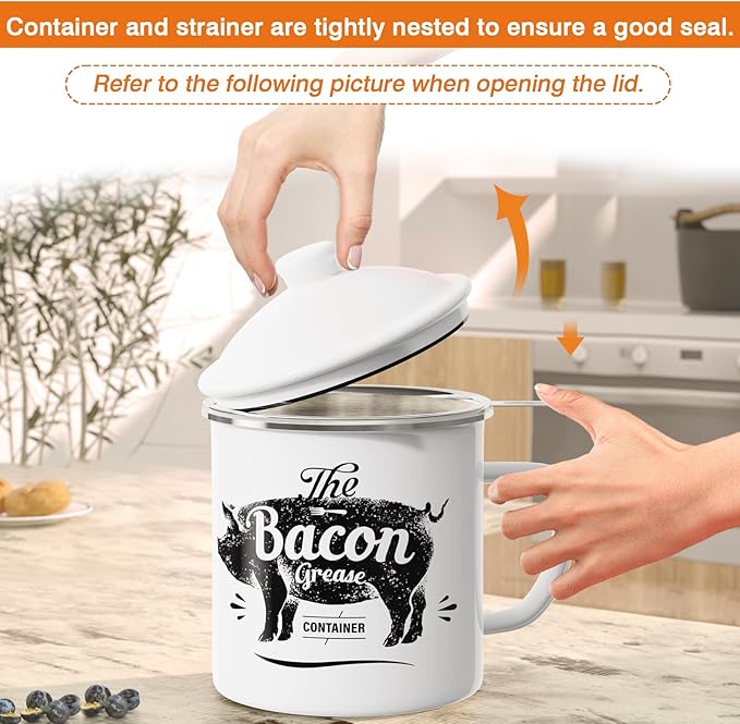 Bacon Grease Container With Strainer, 46OZ Large Enamel Grease Container, With Silicone Spatula, Farmhouse Bacon Grease Keeper, Cooking Oil Container For Kitchen Fat Storage, Dishwasher Safe-White