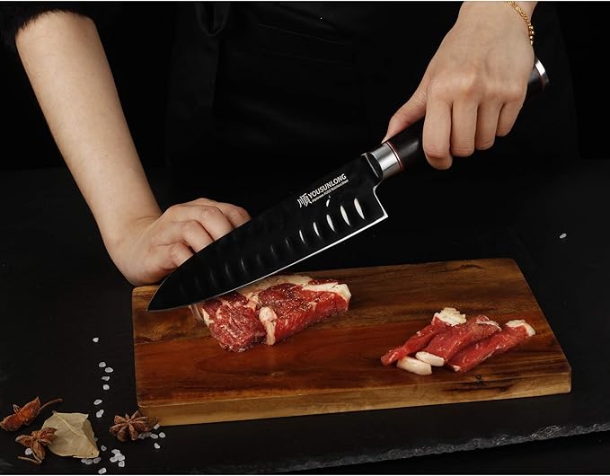 YOUSUNLONG Santoku Knife - 7 Inch Kitchen Knife Chef Knife -Japanese AUS8 Black Titanium Nitride Coated Steel - Natural Leadwood Handle