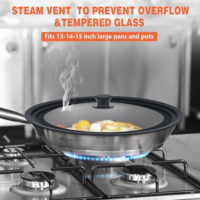 13-14-15 in Universal Lid for Oversized Pots, Pans and Skillets, Extra Large Pot Lid Tempered Glass Lid