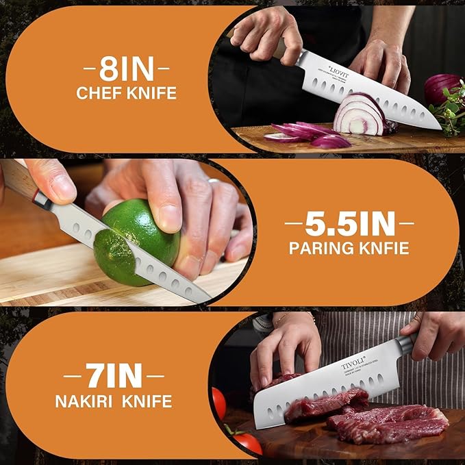 TIVOLI Chef Knife Set, 3 PCS Professional Kitchen Knife Set, High Carbon German Stainless Steel Blades with Ergonomic Wooden Handles, Elegant Gift Box