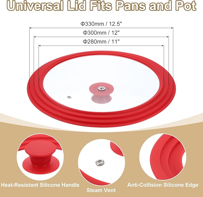 uxcell 1Pcs Universal Lid for Pot Fit 11, 12, 12.5 Inch Diameter Cookware, Replacement Pan Lids with Heat Resistant Silicone Rim, Steam Vent Pan Lid for Pots, Frying Pans, Skillets, Red