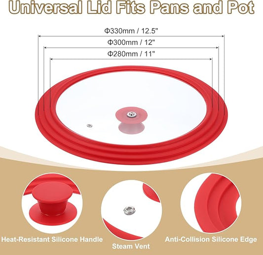 uxcell 1Pcs Universal Lid for Pot Fit 11, 12, 12.5 Inch Diameter Cookware, Replacement Pan Lids with Heat Resistant Silicone Rim, Steam Vent Pan Lid for Pots, Frying Pans, Skillets, Red