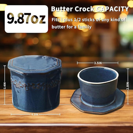 Butter Crock, French Butter Dish with Lid for Countertop,Ceramic French Butter Dish,Blue