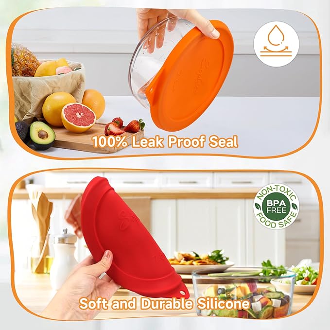 Sophico 1 Cup Round Silicone Storage Cover Lids Replacement for Anchor Hocking and Pyrex 7202-PC Glass Bowls (Container not Included) (Orange - Red)