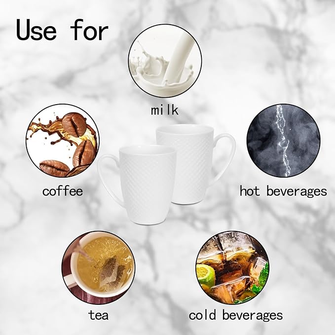 12 Oz Coffee Mugs Set of 6, Fine Bone China Mugs, White Ceramic Coffee Cups, Rhombus Relief Texture, Lightweight Tea Mugs for Latte, Hot Cocoa, Women, Men