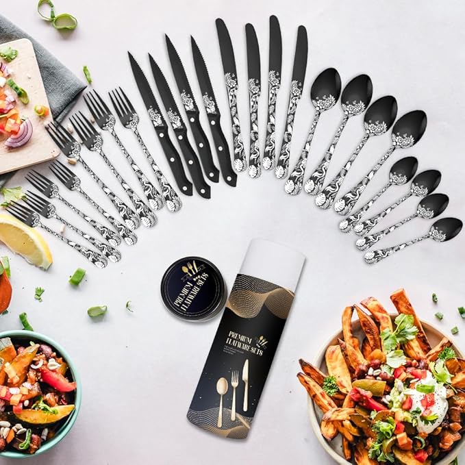 Premium 24 Piece Western Pattern Steak Knife,Fork and Spoon Set,Set for 4,Stainless Steel Cutlery Set with Gift-Ready Box,Dishwasher Safe, Ergonomic Design (Black)