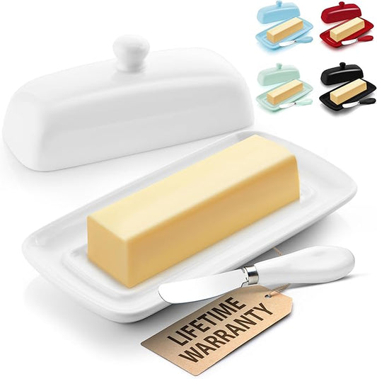 Zulay Butter Dish With Lid For Countertop - Porcelain White, Ceramic Butter Dish with Knob Handle Great for Cooking - Elegant Design Butter Holder - Durable & Sturdy Butter Keeper - White