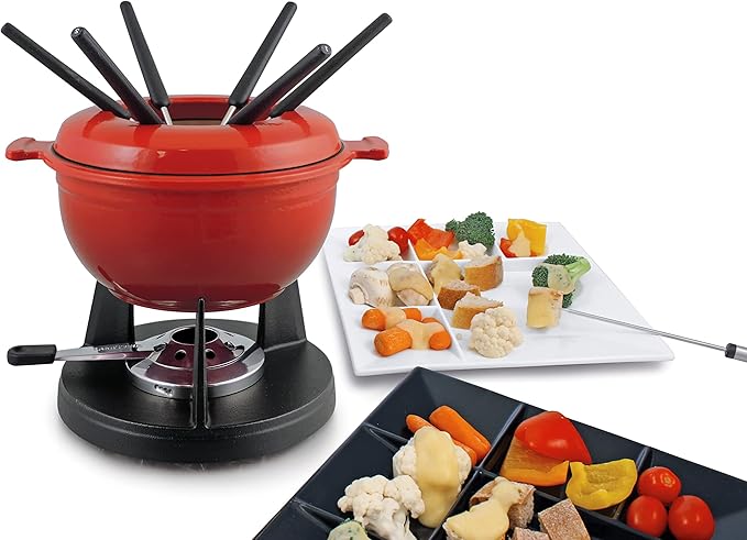 Swissmar Lucerne 10-Piece Cast Iron Fondue Set - Ideal for Melting Cheese, Chocolate, & More - Perfect for Kitchen Collection & Wedding Gift Giving - 2 Liter / 2 Quart - Red