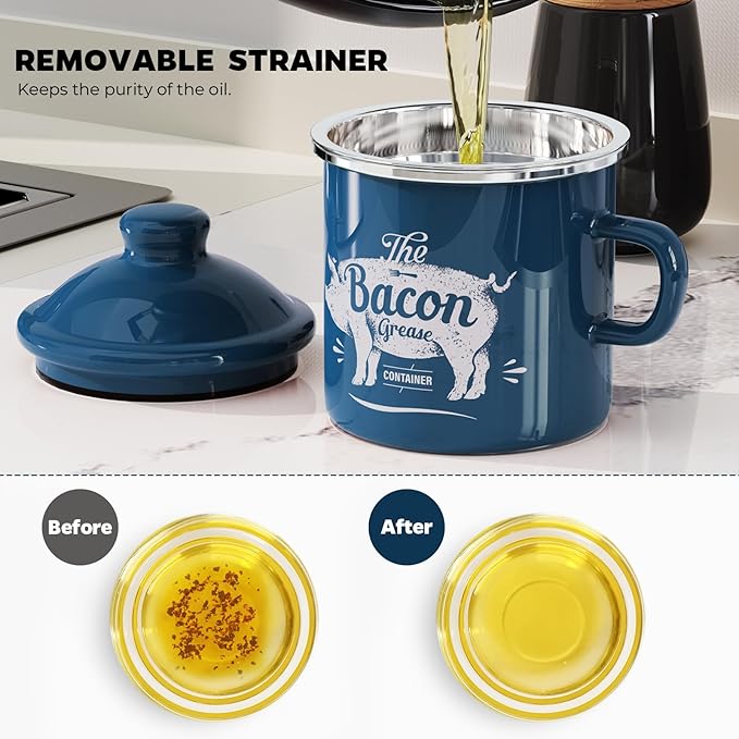 PGYARD Mini Bacon Grease Container With Strainer - 15OZ Enamel Grease Saver, Farmhouse Bacon Grease Keeper For Kitchen Fat Storage, Dishwasher Safe-Blue