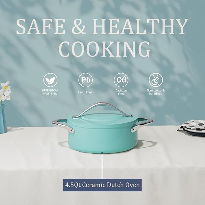 Stock Pot 4.5qt Dutch Oven with Lid (9.5") Nonstick Ceramic Coated Non-Toxic PFAS-Free Even Heat Distribution for Braising, Baking Bread & Soups, Compatible for All Cooktops(Induction/Gas/Electric) Oven Safe to 500ยฐF (Caribbean Blue)