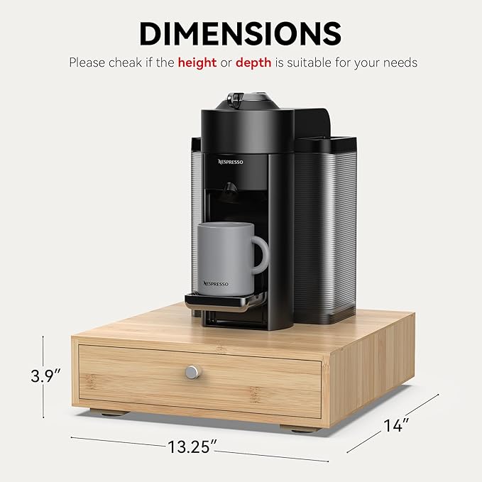 for Nespresso Vertuo Capsules (NV145) - Premium Bamboo Coffee Pod Drawer, 45 Big or 60 Small Vertuoline Pods Organizer - 13.25"Wx14"Dx3.9"H (Natural)
