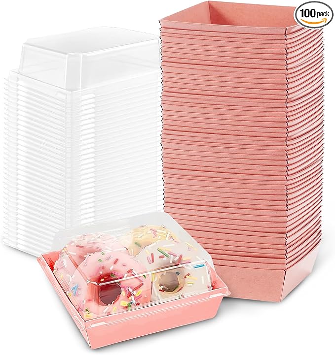 Plastic Charcuterie Boxes with Clear Lids 4in 100pcs, Pink Small Square To Go Paper Bakery Dessert Boxes, Disposable Mini Food Containers for Sandwich Cookie Slice Cake Strawberry Snack
