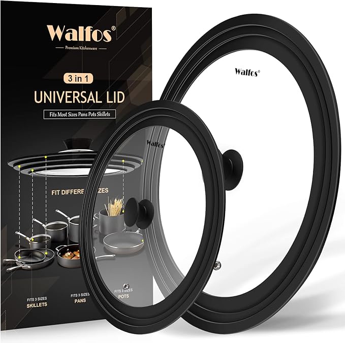 Walfos Universal Lids for Pots, Pans and Skillets - Tempered Glass with Heat Resistant Silicone Rim, Fits 6.5", 7" and 8" Diameter, 9.5", 10" and 11" Diameter Cookware(2PK)