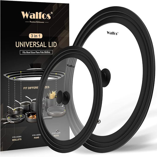 Walfos Universal Lids for Pots, Pans and Skillets - Tempered Glass with Heat Resistant Silicone Rim, Fits 6.5", 7" and 8" Diameter, 9.5", 10" and 11" Diameter Cookware(2PK)