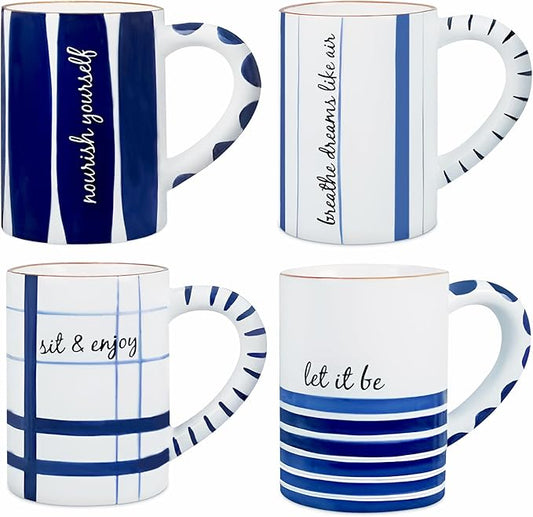 Young's Inc Ceramic Coffee Mug Set of 4, Blue and White Cups for Tea, Coffee, Cold Drinks, Gift for Coffee Lovers, Birthday, Microwave-Safe Dishwasher Safe Kitchen Decor, 5.5-inch Height