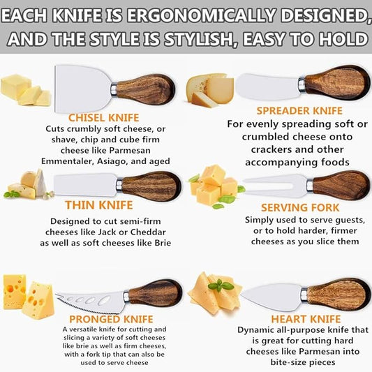 Premium 6-Piece Cheese Knife Set,Complete Stainless Steel Cheese Knives Collection (Acacia Wood Handle)-Charcuterie Boards Accessories,Gift-Ready