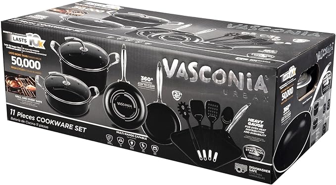 Vasconia 11-Piece Aluminum Cookware Set - Nonstick Pots and Pans with Lids - Dishwasher, Oven Safe up to 475Β°F - Skillets, Griddle, Casserole, Dutch Oven - Black