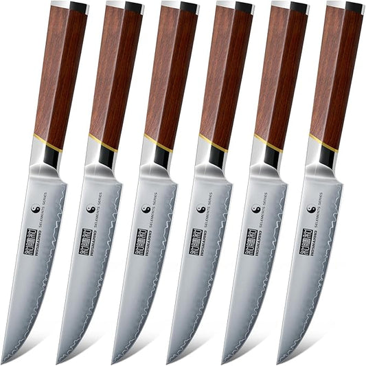 Steak Knives Set of 6, Ultra Sharp 4.5 Inch Professional Non Serrated Steak Knife Set for Precise Cutting, Japanese High Carbon Steel Steak Knife with Ergonomic Handle