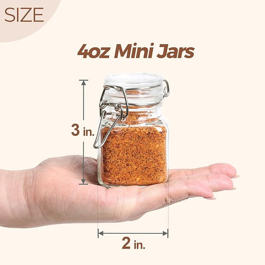 ComSaf 4 oz Glass Jars with Lid, Set of 12 Mini Airtight Glass Jars, Spice Jars, Small Mason Jar, Canning Jar Square with Seal Wire Clip Fastening, Labels & Funnels for Jam, Honey, Kitchen, Wedding
