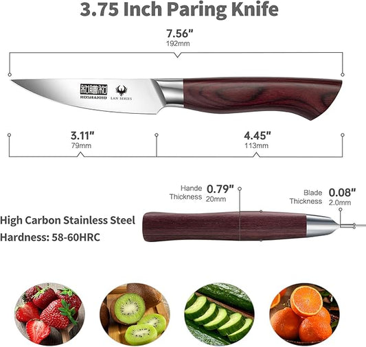 3.75 Inch Paring Knife, Ultra Sharp High Carbon Stainless Steel Small Kitchen Knife, Professional Janpanese Fruit Knife with Ergonomic Wood Handle